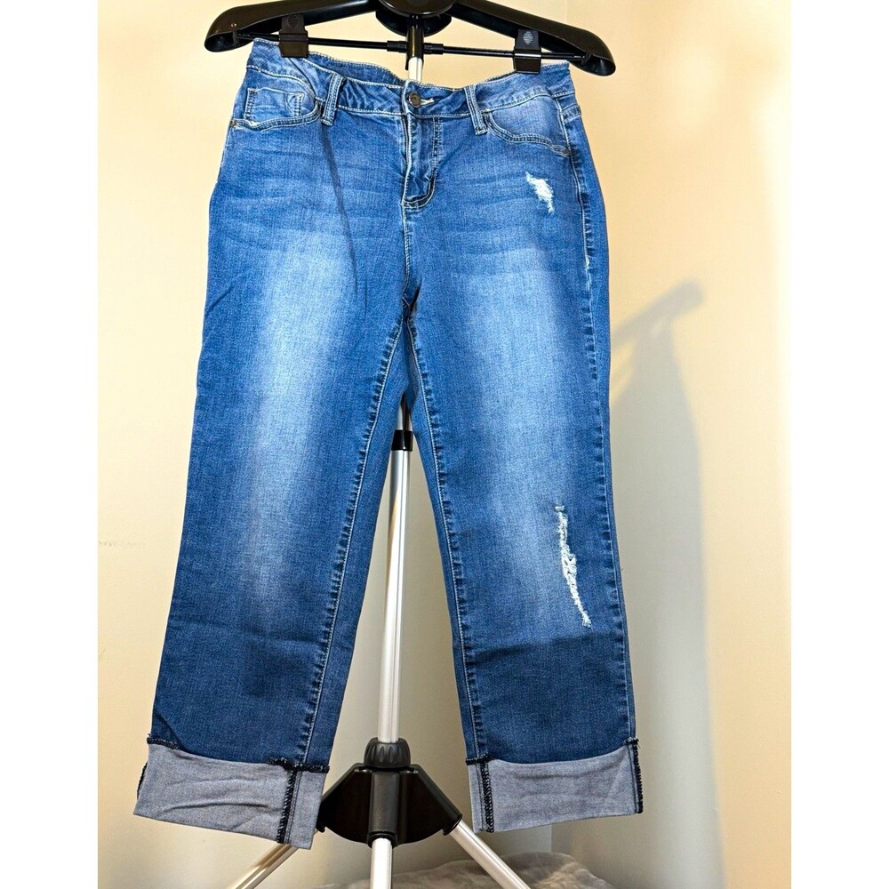 Earl Jean Women's Cropped Jeans Blue Denim Medium Wash Distressed Cuffed 12